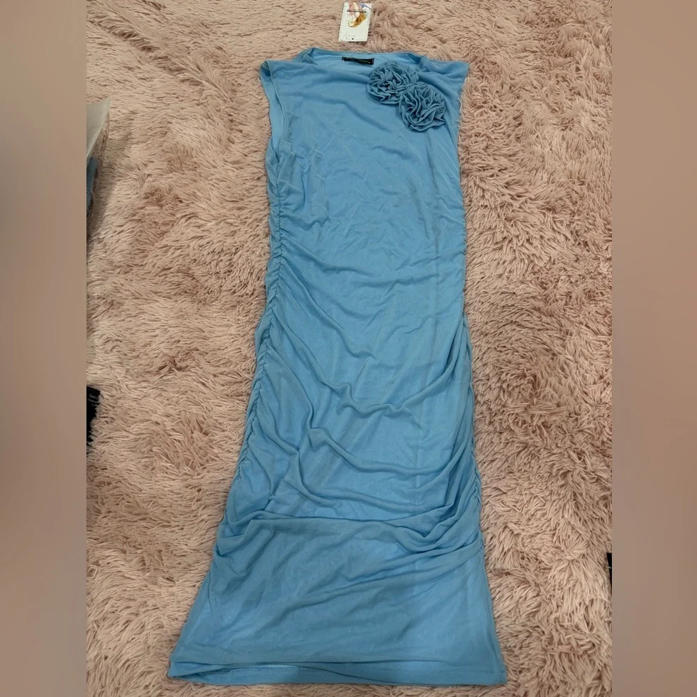 Blue One Shoulder Sleeveless Sheath Midi Dress - Picture 1 of 4